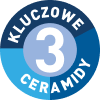 Ikona Trzech Kluczowych Ceramidów biały tekst na niebieskim tle wpisany w koło