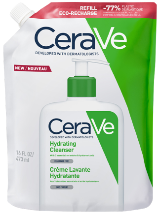 Opakowania Nawilżającej Emulsji do mycia CeraVe w dwóch rozmiarach oraz opakowanie uzupełniające produktu