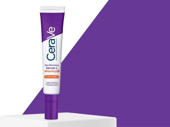 Produkt CeraVe Serum z Witaminą C na fioletowym tle, główne benefity