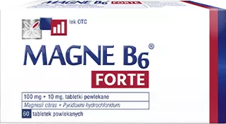 Lek bez recepty Magne B6 Forte, opakowanie 60 tabletek, zawiera podwójną dawkę magnezu - cytrynianu magnezu i wit B6.