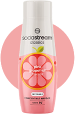 Butelka SodaStream Classics z koncentratem napoju pink grapefruit w różowym kolorze z grafiką owocu na etykiecie