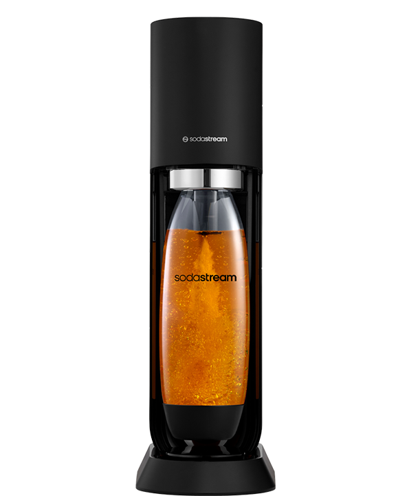 Czarna maszyna SodaStream z butelką pomarańczowego napoju, z oznaczonymi ikonami na czarnym tle