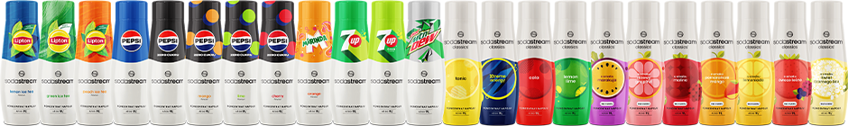 Zestaw butelek SodaStream z koncentratami napojów w różnych smakach, w tym Lipton, Pepsi, 7UP, Mountain Dew