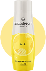 Butelka Sodastream Classics z koncentratem napoju tonic w żółtym kolorze z bąbelkami na etykiecie